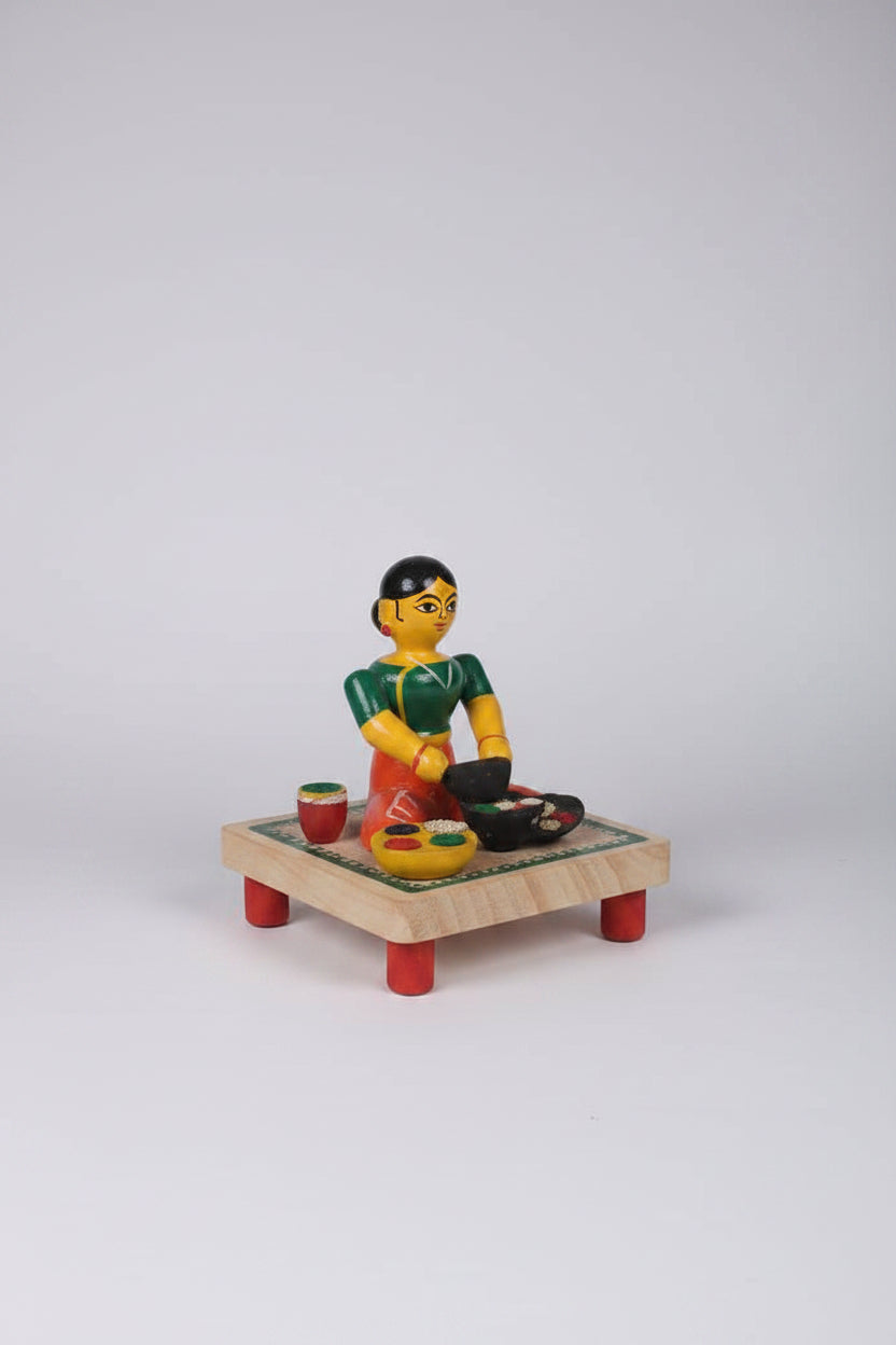 Etikoppaka Lacquerware Lady Grinding Spices Figurine   Etikoppaka Lacquerware