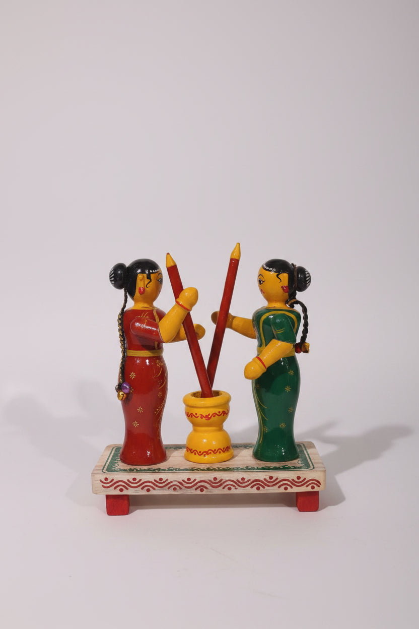 Etikoppaka Lacquerware Women Pounding Grain Figurine   Etikoppaka Lacquerware