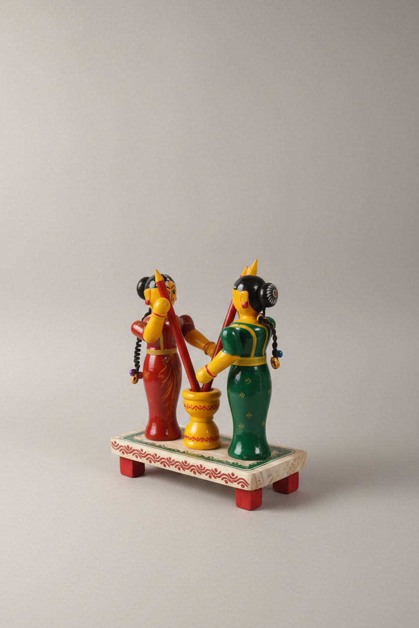 Etikoppaka Lacquerware Women Pounding Grain Figurine   Etikoppaka Lacquerware