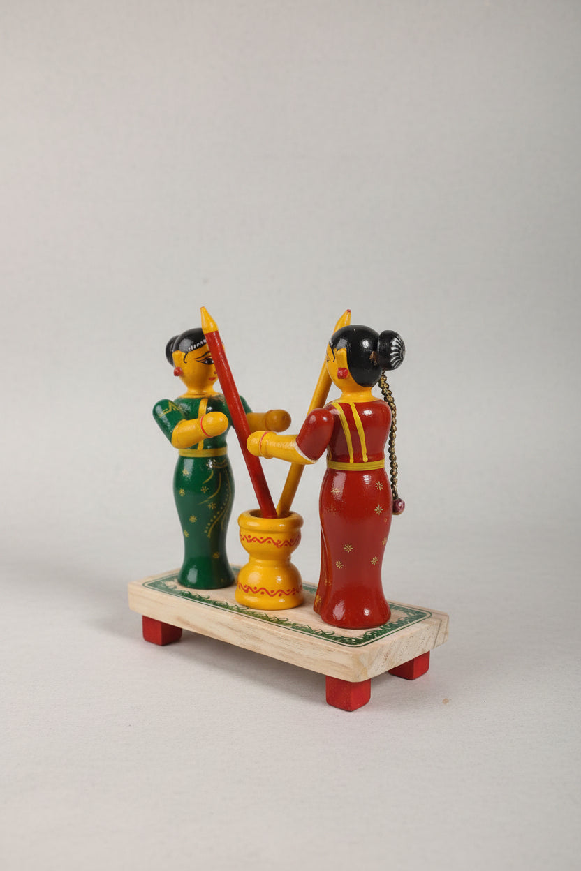 Etikoppaka Lacquerware Women Pounding Grain Figurine   Etikoppaka Lacquerware