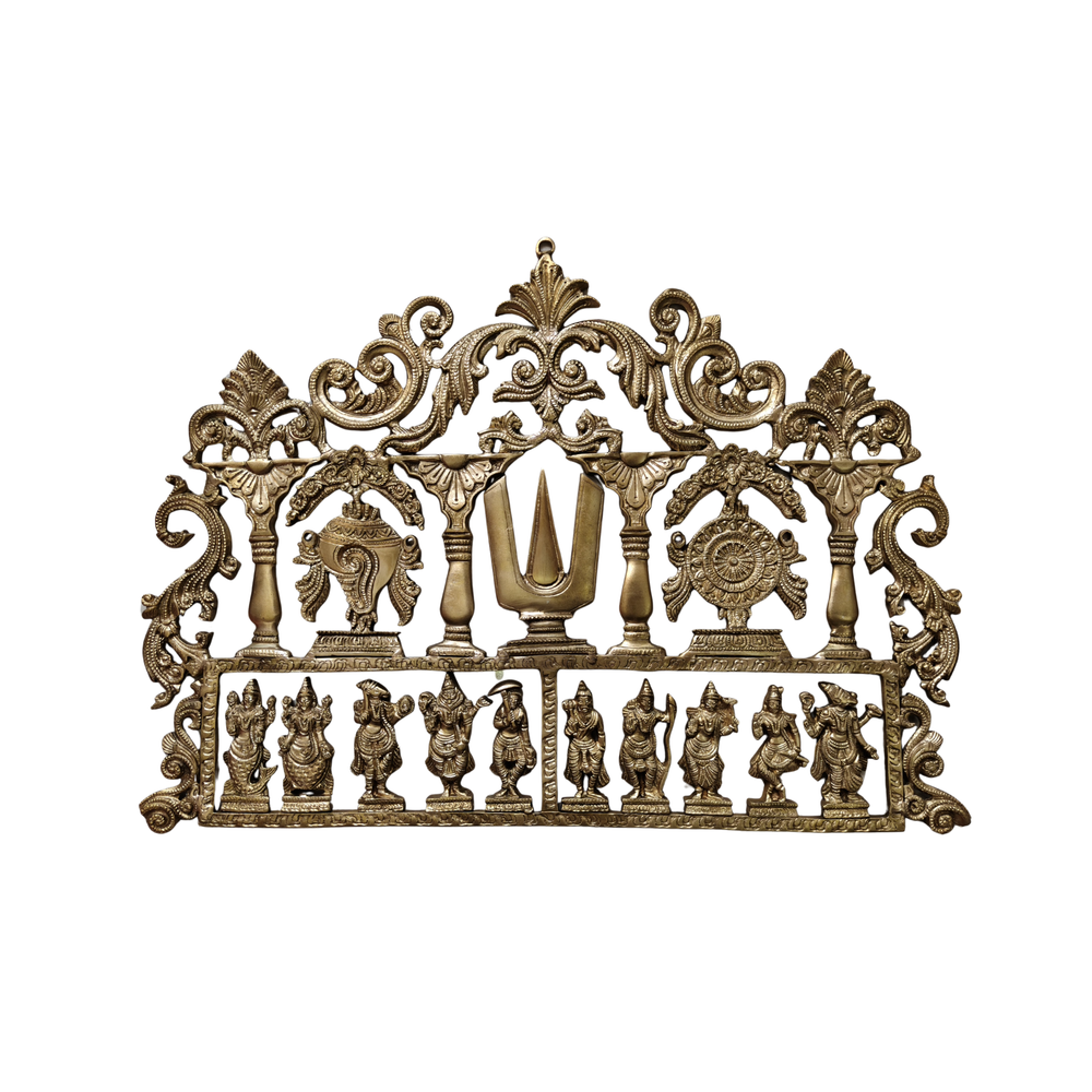 Handcrafted brass Dashavatara wall panel, intricate Indian deity relief art.