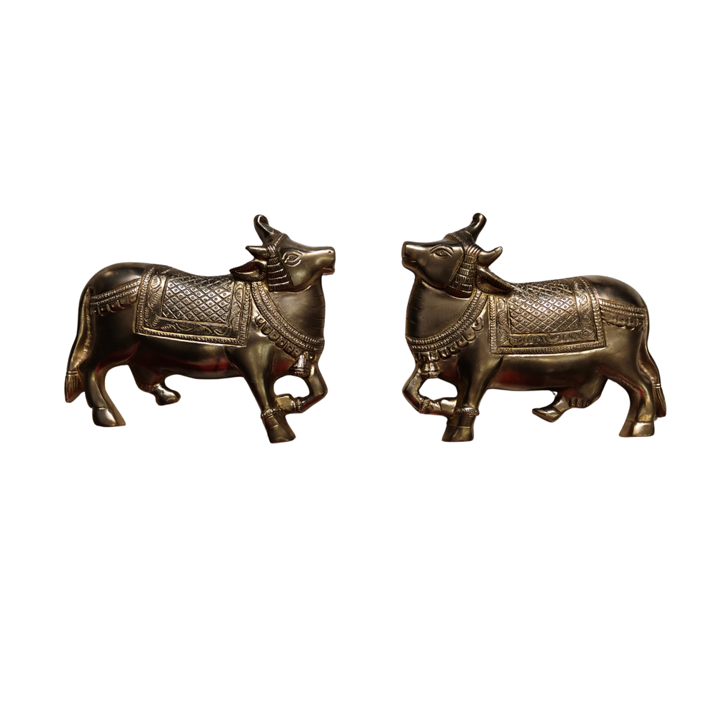 Pair of antique brass vastu cow statues, perfect for home decor.