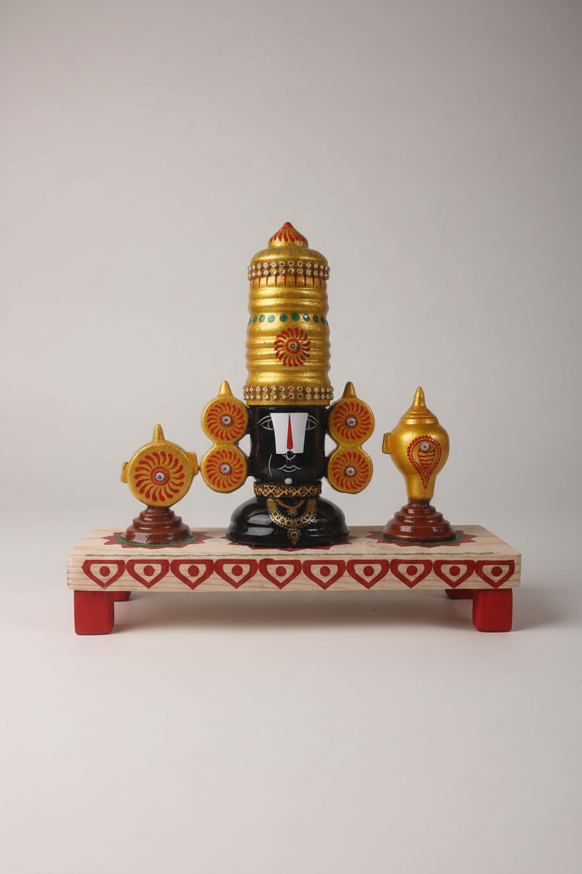 Lord Venkateswara Wooden Altar with Brass Accents For Decor   Religious Idol