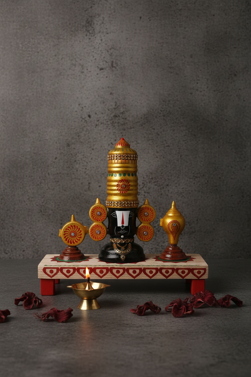 Lord Venkateswara Wooden Altar with Brass Accents For Decor   Religious Idol