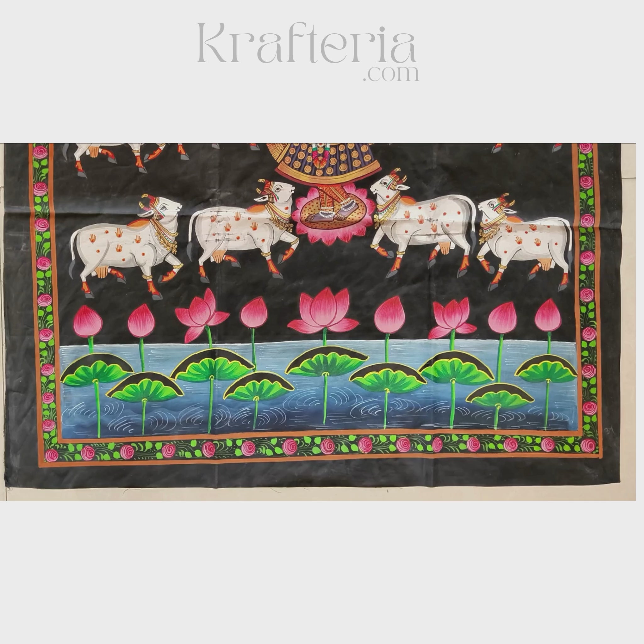 Traditional Shrinathji Pichwai Painting - Lord Krishna with Cows and Lotus Pond