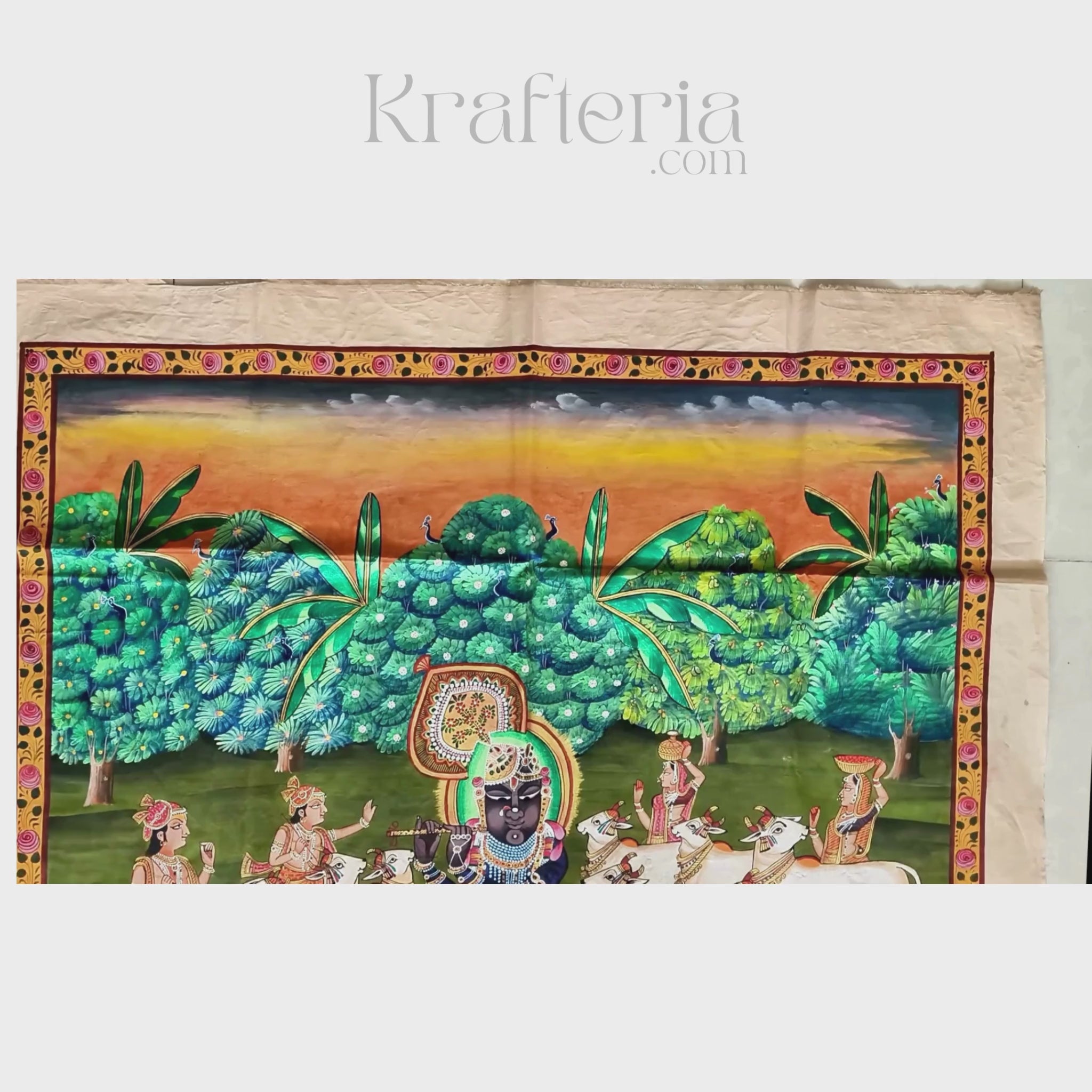 Traditional Shrinathji Pichwai Painting - Krishna with Gopis, Cows, and Peacocks